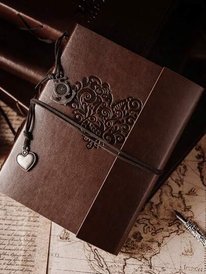 1pc Vintage PU Leather Heart Shaped DIY Photo Album, Retro Wedding Guest Book With 30 Black Pages