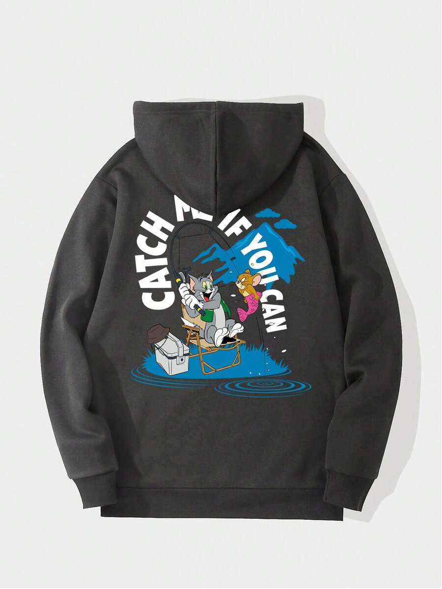 Men's Casual Versatile Tom And Jerry Element Printed Hoodie Sweatshirt, Autumn/Winter - Dark Grey - View 1