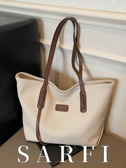 Stylish, Simple, And Classic Women's Tote Bag; Modern Color-Block Design Shoulder Tote Bag, Fashionable Logo Design, Perfect For Urban Commuting, Foldable And Easy To Store; Practical, Lightweight, And Large-Capacity Tote Bag Suitable For Shopping And Travel; Smooth Zipper Closure Design