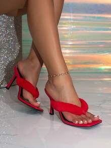 性感时尚女士高跟凉鞋、方头凉鞋、拖鞋、猫跟人字拖凉鞋、毛绒趾环凉鞋 - 紅色 - 查看 2