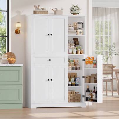 Tall Kitchen Cupboard Kitchen Sideboard Storage Cabinet With Spice Rack,  Freestanding Pantry Cupboard With 5 Doors, Drawer And 2 Open Compartments 173x104x40cm White