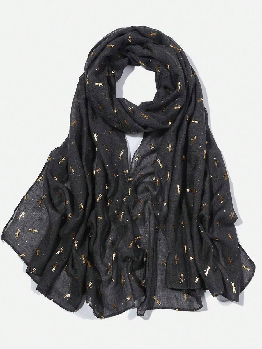 1条深灰色箔片圆点蜻蜓图案围巾，波西米亚风格领巾，适合外出和盛装打扮 - 深灰色 - 查看 1