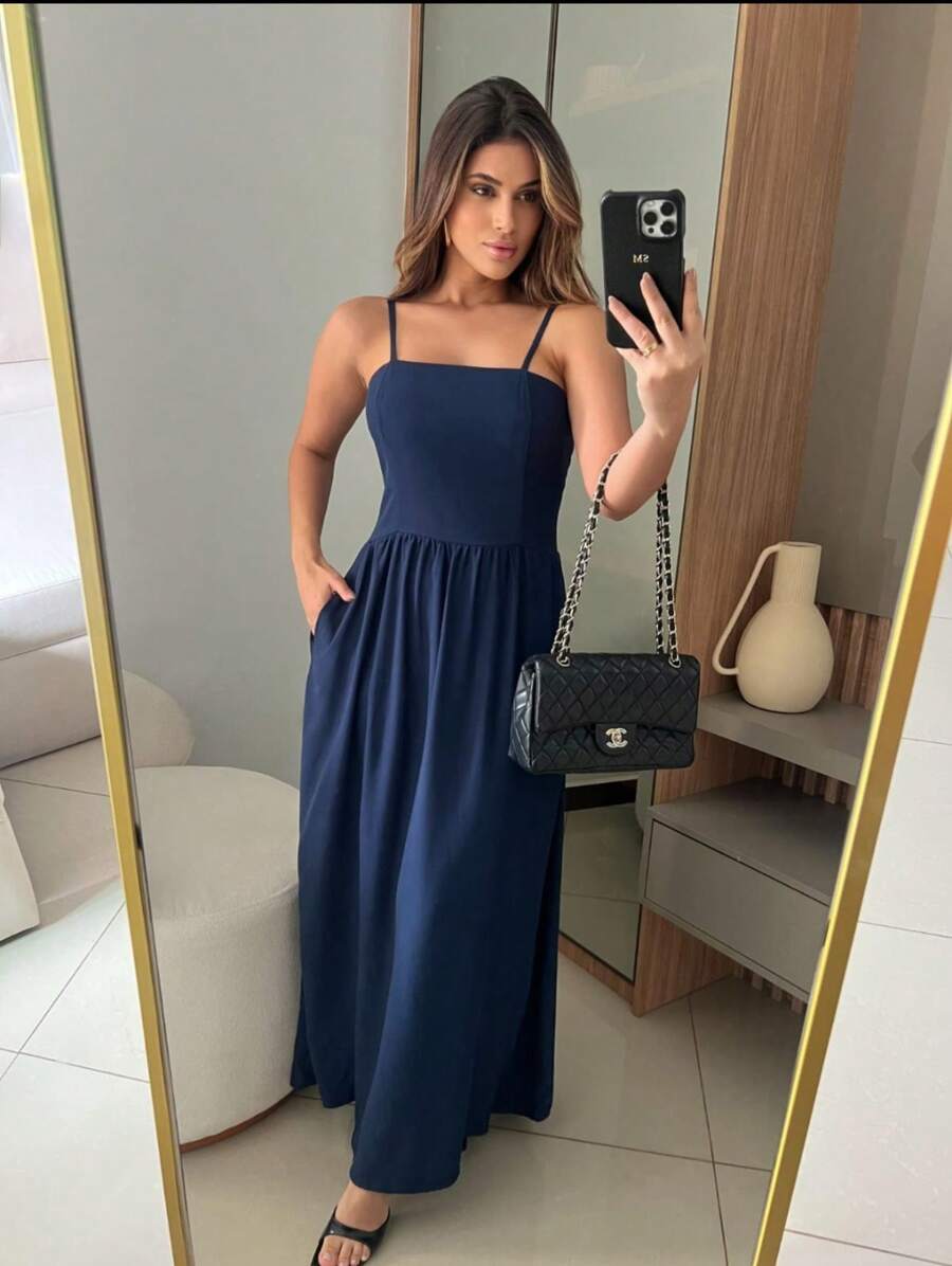 Women's Long Dress In Twill Fabric: Elegance And Comfort - 藏蓝色 - 查看 1