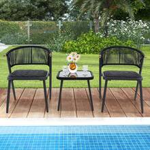 COSTWAY 3 Piece Outdoor Wicker Furniture Set, Rattan Chairs Set Of 2 W/ Tempered Glass Coffee Table, Quick Dry Foam Padded Seat & Rope Woven Back, For Backyard, Porch, Poolside, Black - Brown - View 9