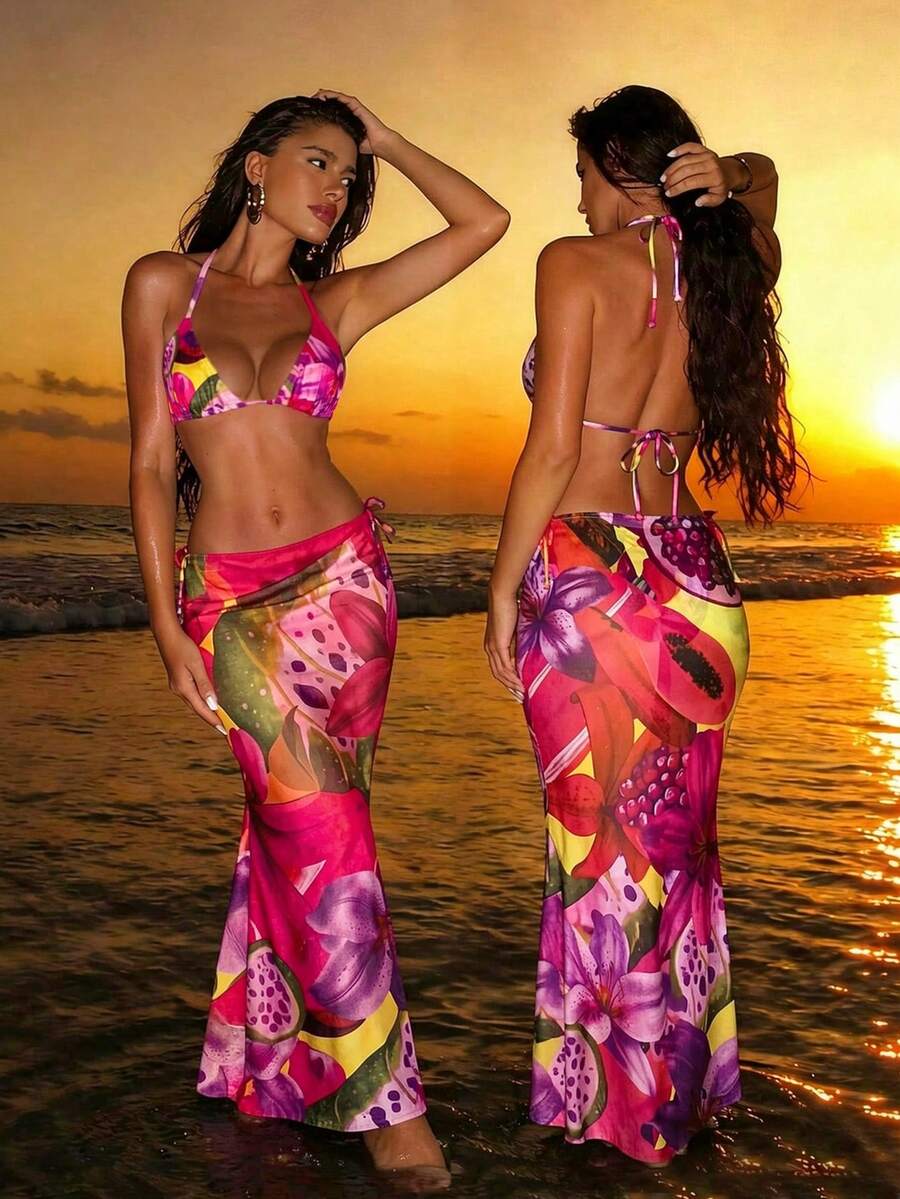 Conjunto de bikini de 3 piezas para mujer con estampado de flor de loto, diseño con lazo, falda maxi de malla, traje de baño vintage bohemio casual con tirantes finos, adecuado para vacaciones de primavera/verano, tomar el sol - Rojo - Ver 1
