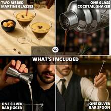 - Silver Luxury Home Mixology Cocktail Shaker Set With Silver Accessories + 2 Ribbed Espresso Martini Glasses - Glass Shaker With Built-In Strainer | Ideal For Home Bartenders - 銀質雞尾酒調酒器+羅紋馬丁尼酒杯 - 查看 7