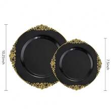 102PCS Black And Gold Plastic Plates - Black Disposable Plates - Heavyweight Disposable Plate With Gold Rim - Fancy Dinner & Dessert Plate For 51 Guests Weddings & Party - 黑色 - 查看 4