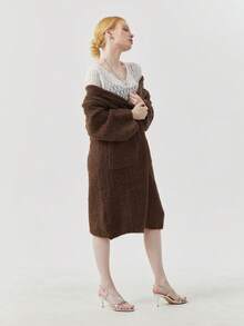 女士优雅涤纶针织长款开衫，长袖，大口袋，不对称下摆 - 棕色 - 查看 8