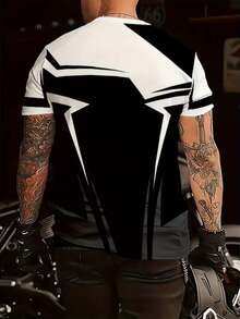 男士黑白几何图案T恤 | 运动条纹图案短袖T恤 - 彩色 - 查看 3