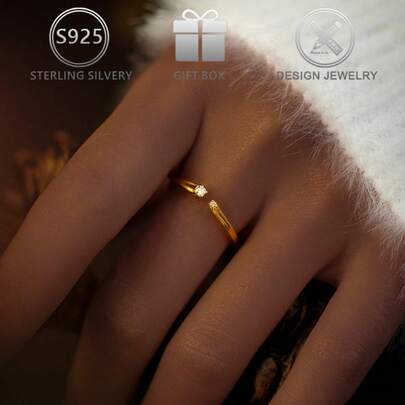 1 pieza Anillo de diseño geométrico de línea con estrella de circonita cúbica de plata esterlina 925, adecuado para uso diario, fiesta, vacaciones, regalo de cumpleaños, Día de San Valentín