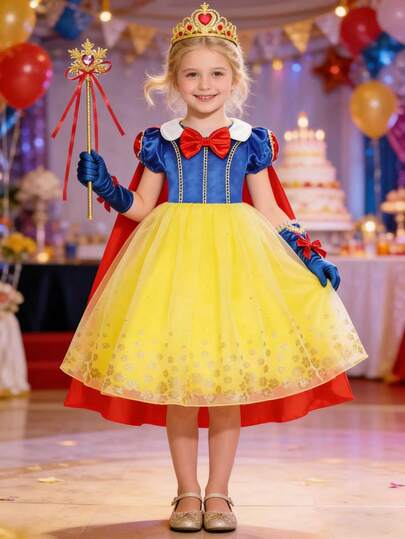 Young Girls' Yellow Dress With Long Shawl, Puffy Skirt, Gold Floral Decor Dress, Comes With Crown, Wand, And Gloves Accessories, Suitable For Parties, Outings, And Other Events