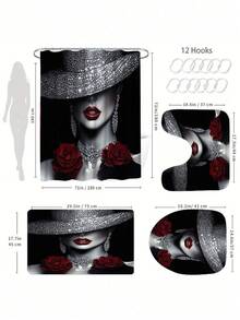 Luxury Red Rose Shower Curtain Set - Elegant Black And White Artistic Style Paired With Vibrant Red Roses, Includes Shower Curtain, Bath Mat, Toilet Lid Cover And Non-Slip Bathroom Mat, Adding Romantic And Sophisticated Charm To The Bathroom - A - View 4