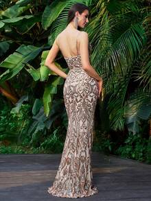 Women's Sexy Backless Gold Spaghetti Strap Maxi Mermaid Dress For Party/Evening Wedding Spring - Gold - View 7