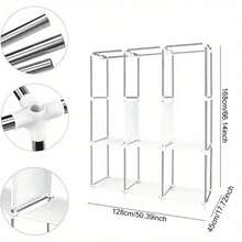 LARGE FABRIC CANVAS WARDROBE SHELVING CLOTHES STORAGE CUPBOARD WITH HANGING RAIL - Gray - View 7