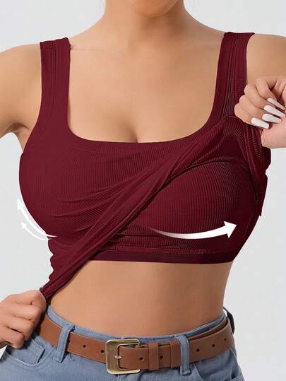 Ladies' Large U-Shaped Beautiful Back Casual Sports Vest, Women's Detachable Chest Pad, Fitted Solid Color, Worn Inside And Outside, Base Layer, Tank Vest