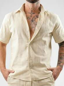 Men's Linen Dress Set: Button-Down Shirt And Linen Shorts - Màu be - Xem 4