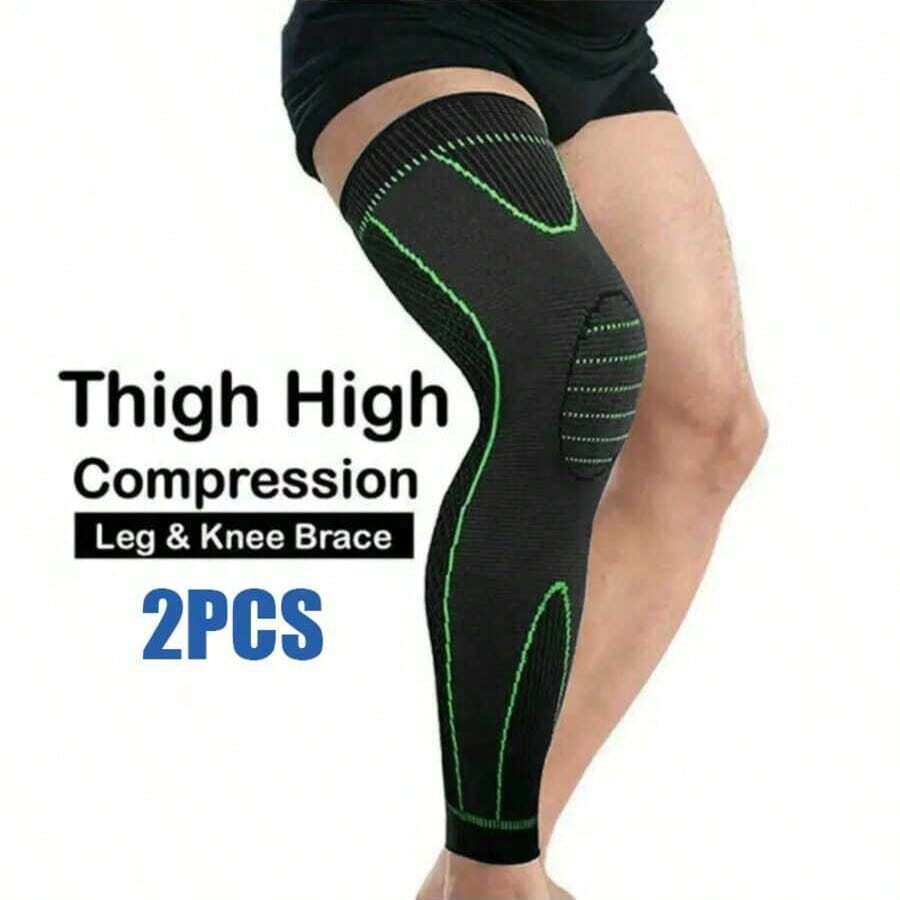 2pcs Extra Long Knee Sleeve, High Elastic Compression Knee Brace With Breathable Support Strap, Knee And Calf Support Sleeve For Men And Women, Suitable For Football, Basketball, Cycling - Multicolor - View 1