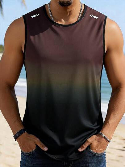 男士渐变色无袖运动背心，时尚户外健身衫
