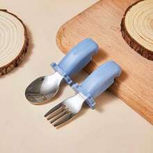 2pcs/Set Baby Stainless Steel & Silicone Spoon And Fork Set, Toddler Feeding Training Utensils - Multicolor - View 6