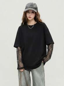 2026春秋新款时尚优雅撞色蕾丝长袖上衣，百搭奢华女式T恤 - 2A10黑色 - 查看 3