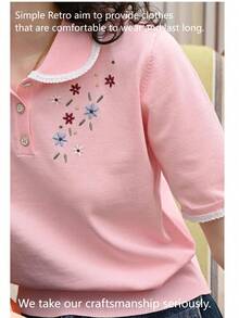 Simple Retro Women's Flower Embroidery Bumper Button Half-Placket Short Sleeve Knit Pink Top Summer Tops Summer Clothes Women Commuter Office Interview French Elegance - Pink - View 11