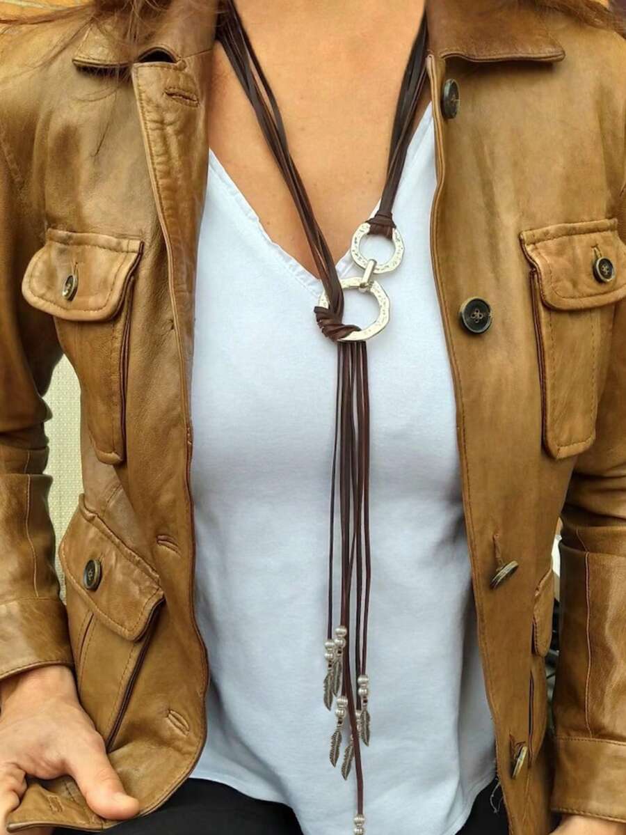 1pc Brown Leather Silver Bead Pendant Necklace For Women, Suitable For Everyday Outings, Parties, And Vacations - 彩色 - 查看 1