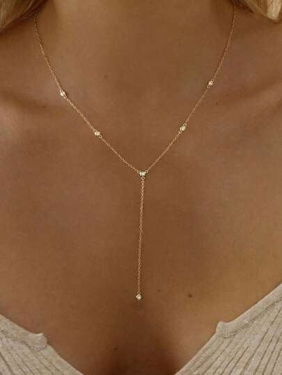 Lariat Necklace For Women, Dainty Layered Gold Long Necklaces 14k Gold Plated Beaded Bar CZ Drop Necklace Simple Gold Y Choker Necklaces For Women Gold Jewelry Gifts For Women
