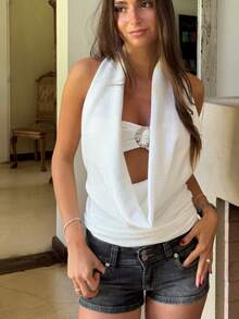 Women's Backless Halter Ruched Crop Tops Cowl Neck Going Out Tops With Bandeau Bra Concert Date Outfits - White - View 8