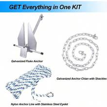 Galvanized Fluke Style Anchor Kit Includes Galvanized Fluke Anchor, Rope, Shackles, Chain 8LB 10LB 13LB - For Boat 12-22FT, 8 LB - View 3