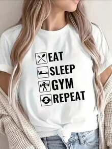 A Black Short-Sleeved T-Shirt With The Words "Eat, Sleep, Workout, Repeat" Printed On It.It Is Lightweight And Durable, Suitable For Use In The Gym, At Home Or For Casual Wear.The Design Is In Black And White, Perfectly Meeting The Needs Of Fitness Enthusiasts.Printed Sweatshirt - Black - View 7