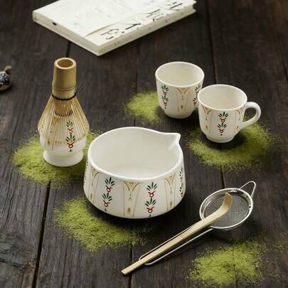 طقم خفاقة الماتشا، طقم شاي الماتشا، ملحقات طقم الشاي التقليدي، خفاقة الماتشا والملعقة من البامبو، يشمل وعاء زجاجي للماتشا وحامل الخفاقة، منخل من الفولاذ المقاوم للصدأ، حامل ملعقة خزفي، وسادة الشاي، طقم خفاقة الماتشا لصنع الشاي الرقيق والشاي السميك وماتشا لاتيه، ضروريات العودة إلى المدرسة