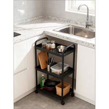 3 Tier Rolling Cart With Wheels, Plastic Roller Cart Organizer With Handle And Lockable Casters, Suitable For Diapers, Baby Nursery, Kitchen, Bathroom, Living Room And Bedside - Black - View 3