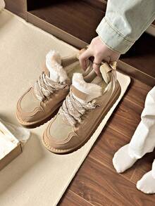 Thick Sole Hiking Boots, Faux Fur Collar, Lace-Up Side Zipper, New Snow Boots, Lace-Up Thermal Lined Winter Shoes - Khaki - View 7