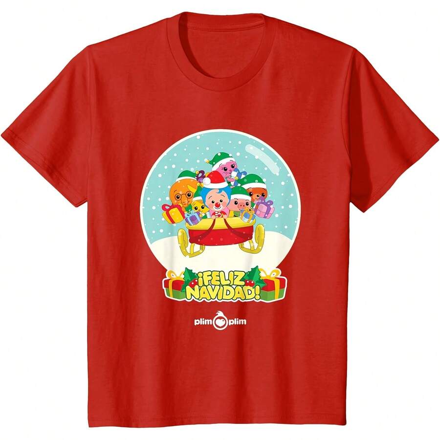 Plim Plim Snow Globe Christmas Design - Magical Day Scene T-Shirt All Seasons,220g Pure Cotton Single-Sided Printed Crew Neck Short-Sleeved T-Shirt,Unisex Top,Base Layer - 顏色3 - 查看 1