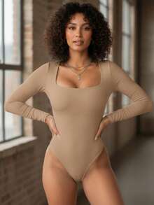 Set Of 3 Women's Bodysuits, Second Skin Style, Square Neckline, Long Sleeves, Casual Fashion, Versatile, Soft Spandex, Lined With Elastane, High Fashion Blogger Style - 海軍藍-黑色-米色 - 查看 5
