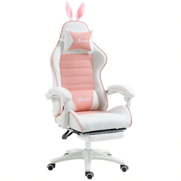 Ergonomic Gaming Chair With Lumbar Support, Footrest, Bunny Ear Armrests, Headrest, Adjustable Height And Reclining Function - Pink