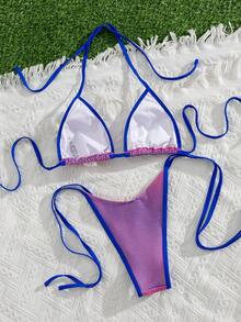 New Women's Swimwear Two-Piece Bikini Set, Solid Color Sexy Knotted Tie Back Beach Vacation Swimwear Summer - Blue - View 4