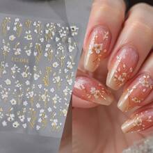 白色花朵和金色枝条美甲贴纸，裸粉色清新春日美甲贴花，手工DIY美甲用品，持久防水自粘，精致3D立体花卉美甲贴纸 - 彩色 - 查看 10