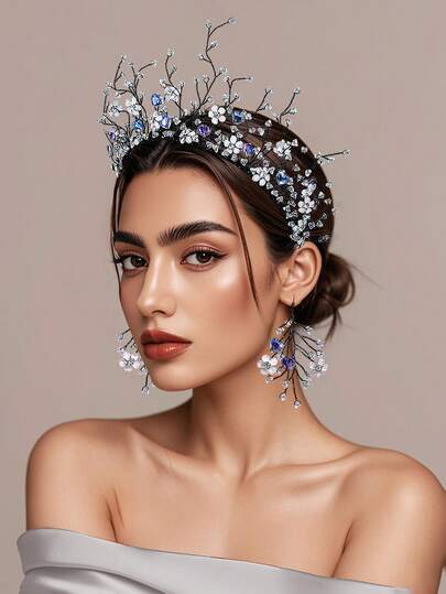 1 Set Crystal Crown Headband & Earrings, Sparkling Rhinestone Bridal Wedding Decor Accessories, Suitable For Celebration, Date, Holiday Party, Gift, Photography, Casual Wear