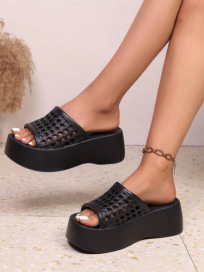 Women's Fashion EVA Solid Color One-Piece Thick-Soled High Heel Slippers, Wedge Thick-Soled Slides, 6.5cm Heel Height. Lightweight, Soft And Comfortable, Suitable For Casual Wear, Outdoor Walking, Beach Vacation And Other Occasions