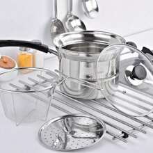 4pc Non Stick Chip Pan Deep Fat Fryer Cooking Noodle Soup Pot Frying Basket&Lid - Silver - View 5