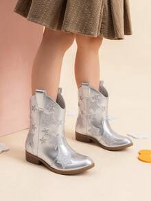 Girls Cowgirl Boots Mid Calf Glitter Cowboy Western Boots Toddler Girls Star Riding Shoes - 銀色 - 查看 3