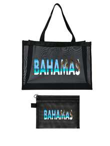 4-Piece Large Capacity Mesh Beach Bag Set - Printed With "Bahamas" Pattern, Featuring Tropical And Beach Elements; Foldable Waterproof And Sand Proof Mesh Handbag+Matching Mesh Cosmetic Storage Bag, Foldable Beach Sun Hat, Durable Fashion Glasses. Breathable, Lightweight - Multicolor - View 13