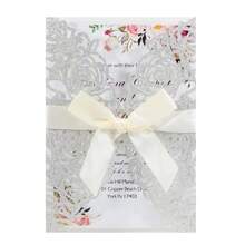 Paquete de 10 invitaciones de boda cortadas con láser, brillantes y en color plateado y dorado claro (incluye tarjetas en blanco, sobres y moños de cinta), tarjetas de invitación elegantes y de alta calidad para bodas y fiestas - Multicolor - Ver 39
