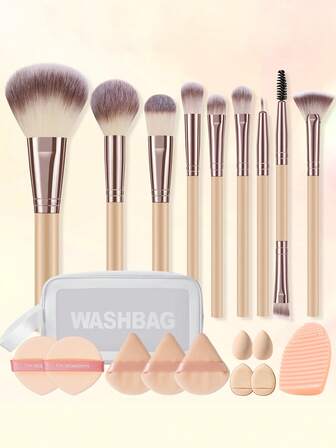 20-Piece Professional Makeup Brush Set-Full Set: 9 Makeup Brushes (For Loose Powder, Blush, Highlighter, And Eyeshadow) + 2 Beauty Sponges + 7 Powder Puffs + Brush-Cleaning Sponge, Including A Portable Lettered Makeup Bag-Makeup Tool Set.