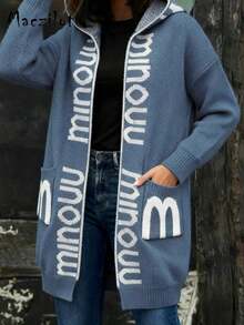 Plus Size Women's Casual Letter Printed Hooded Soft Knit Warm Cardigan, Long Sleeve - Blue - View 8