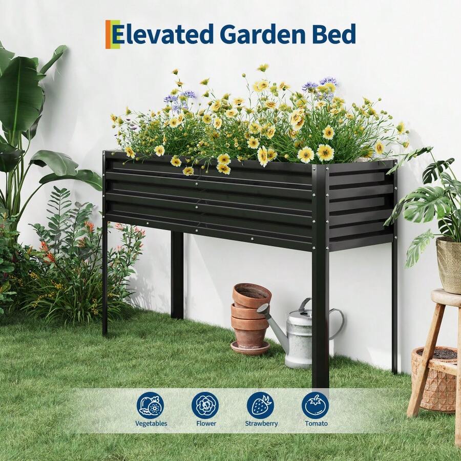 Galvanized Raised Garden Bed with Legs, 50*17*32 in Large Elevated Planter Box for Outdoor Vegetables, Flowers & Herbs, Sturdy Metal Raised Beds for Backyard, Patio, Balcony, Black - Negro - Ver 1