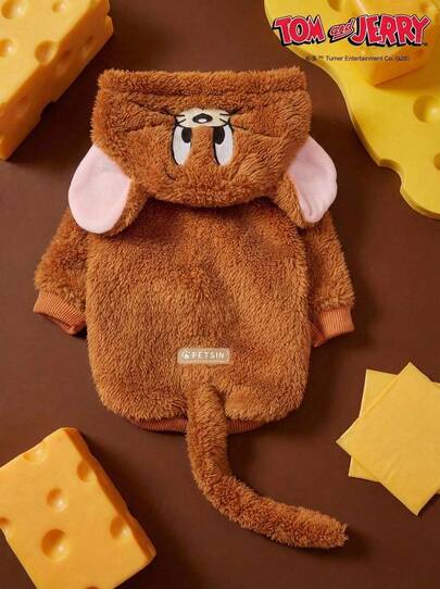TOM & JERRY X PETSIN 1 Pieza Decoración de oreja tridimensional bordada de Jerry, material de felpa suave y cómodo de doble cara, cubierta con capucha para perro, disfraz de Jerry