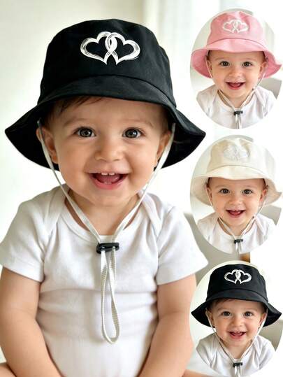 1 Pc Kids' Heart Shape Decor Sun Hat With Adjustable Wind Cord, Casual Style Baby Bucket Hat, Suitable For Toddlers Infant Baby Outdoor, Beach, Sun Protection