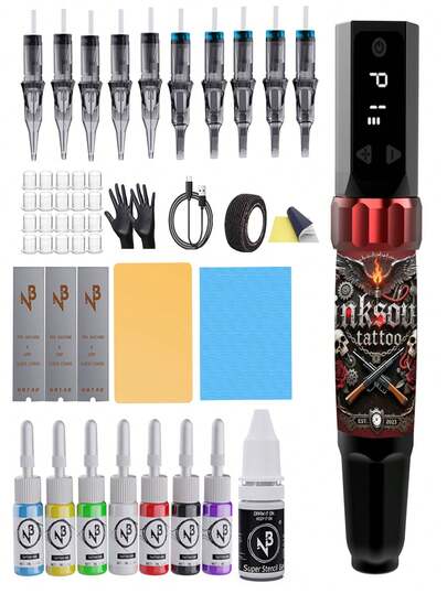 Gold Plume Kit de tatuaje inalámbrico, incluye máquina de tatuaje, base recargable, tinta, agujas de tatuaje. Adecuado para principiantes y artistas de tatuaje profesionales
